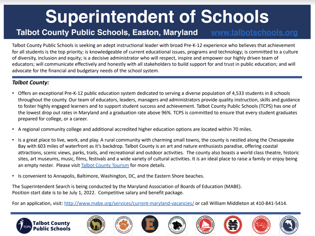 MABE Superintendent Search -Talbot County Accepting Applications